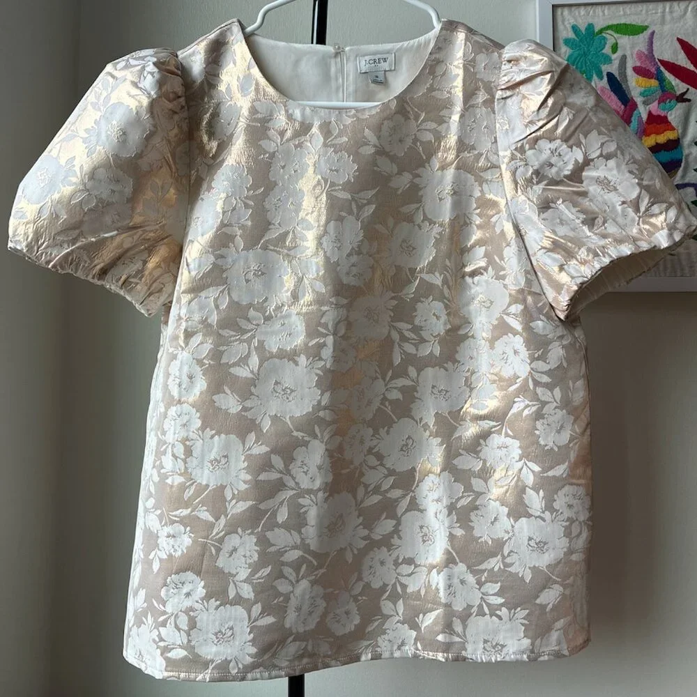 J. Crew Jacquard Puff-Sleeve in Ivory and Gold - Size S